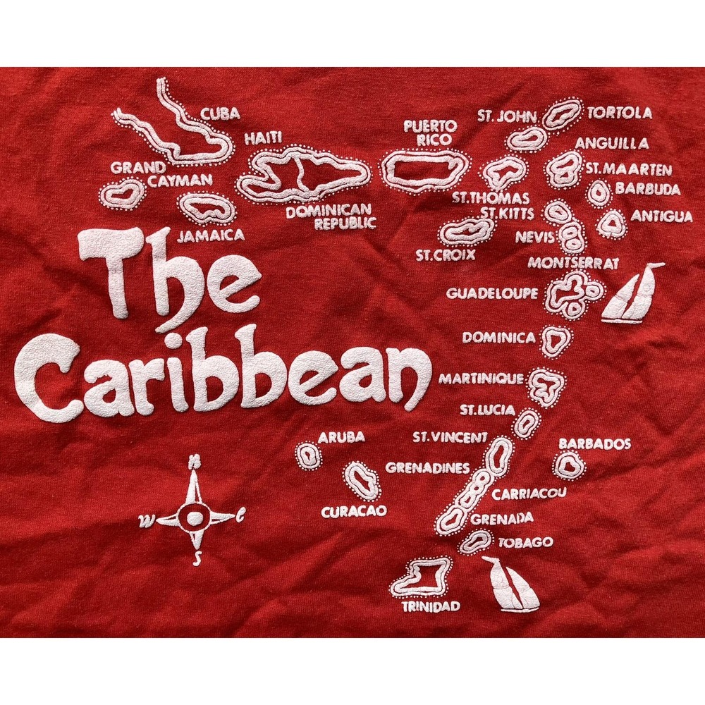 Vintage Hanes Fifty-Fifty The Caribbean Map Puff Print T-Shirt Red XL 90s USA